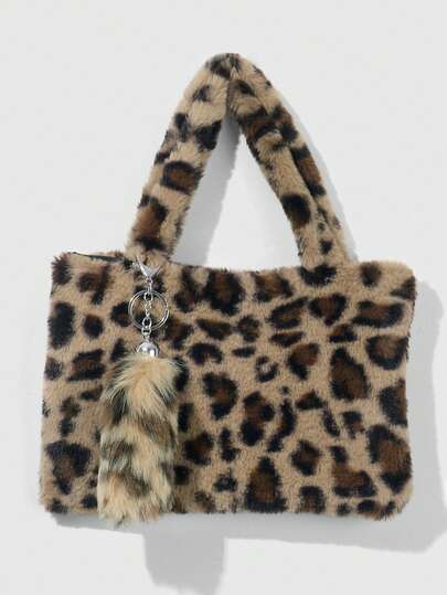 Goth 2 Stücke Y2K modischer Retro Chic Baddie hochwertige braune Kunstfell Leopard/Tiger Muster Handtasche + braunes flauschiges Kunstfell Mini Tier Schwanz Schlüsselanhänger Taschenbaumler Kombi-Set, geeignet für Frauen Pendeln, täglichen Gebrauch, Geschenke