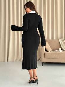 Vionelle Color Block Collar Plus Size Sweater Dress, Fitted Slim Waist Knit Midi Skirt, Autumn/Winter Plus Size Black And White Dress Plus Long Dress Curvy Dress Women Plus Dress 8xl Women Clothes - Black - View 2