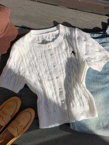 Comfortcana Áo khoác cardigan tay ngắn thêu họa tiết đơn giản, đa năng dành cho nữ - trắng - Xem 5