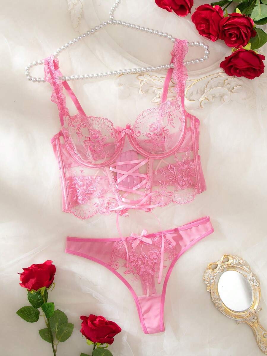 Set de 2 piezas de camiseta y tanga transparente bordado de unicolor y con cordones sexy - Rosa - Ver 1