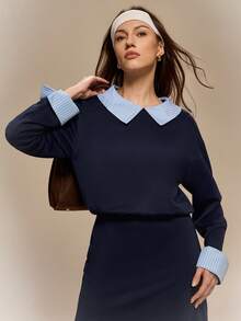 Hanevo Long Sleeve Casual Striped Collared Dress With Button Back, Suitable For Autumn, Winter, Spring - Royal Blue - View 5