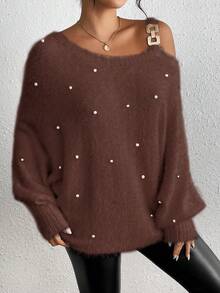 RosyDaze 女士休闲毛绒针织斜肩仿珍珠串珠长袖套头毛衣，秋冬款 - 咖啡棕 - 查看 4
