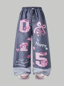 SHEIN Explorewe Young Girl' Colorblock Printed Casual Loose Pants - Grey - View 7