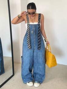 POPSWAY Plus Size Women's Denim Effect Bib & Brace Striped Contrast Color Large Pocket Casual Street Chic Jumpsuit, Suitable For Vacation, Dates, Parties, Outdoor - Blue - View 5