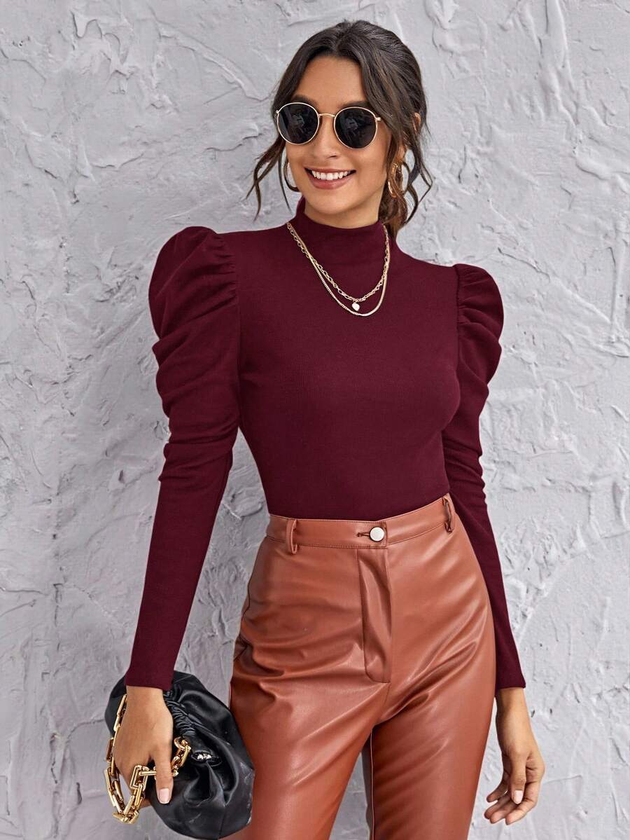 SHEIN Clasi 高领羊腿袖上衣 黑色上衣 - 紫紅色 - 查看 1