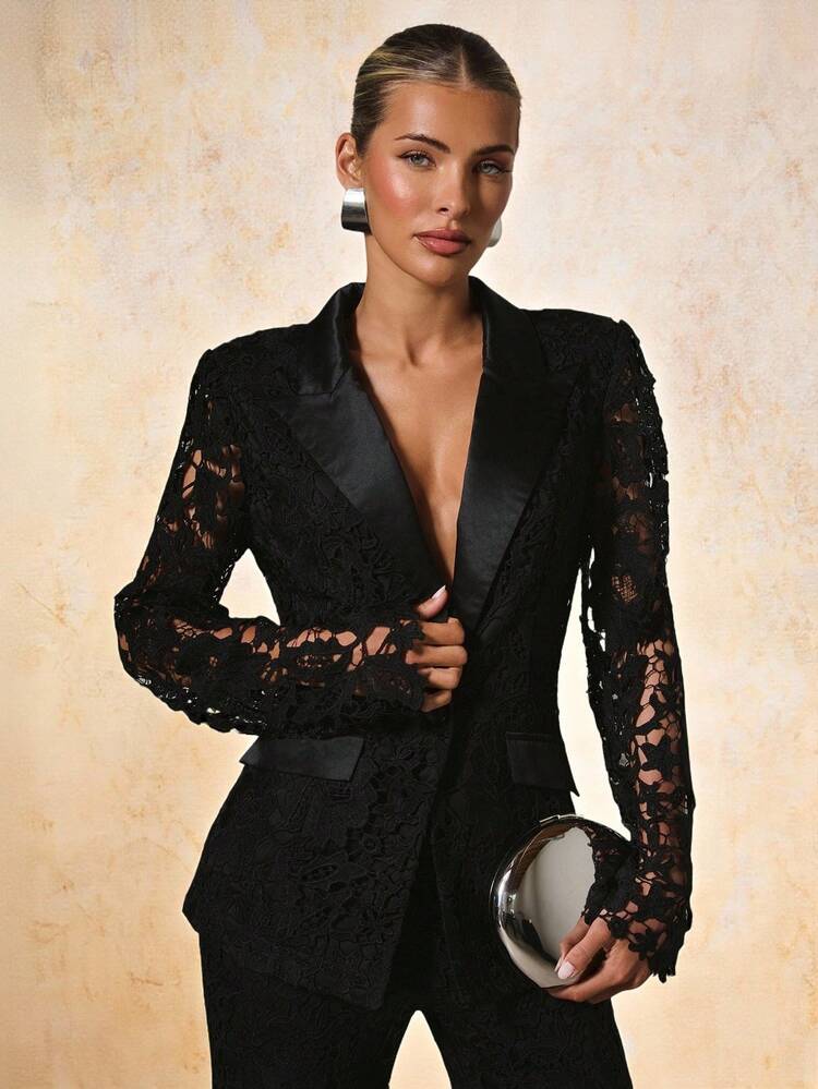 COSMINA Women's Deep V Elegant Lace Suit Set, Minimalist & Structured, Autumn/Winter - Black - View 7
