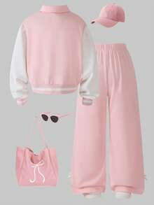 SHEIN 两件套女童休闲套装：时尚字母图案纽扣外套和条纹阔腿裤套装，适合秋冬季穿着。 - 彩色 - 查看 2