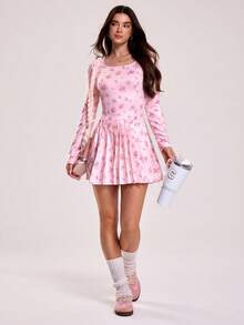 Sovereign Charm 女士U领插肩袖收腰印花休闲褶皱运动连衣裙 - 粉色 - 查看 2