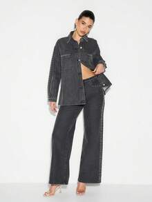 KIZN Áo sơ mi denim đính đinh tán cỡ lớn, chi tiết lỗ kim loại, tay dài, cài nút phía trước, cổ bẻ, phong cách đường phố sành điệu mùa thu đông - màu đen - Xem 5