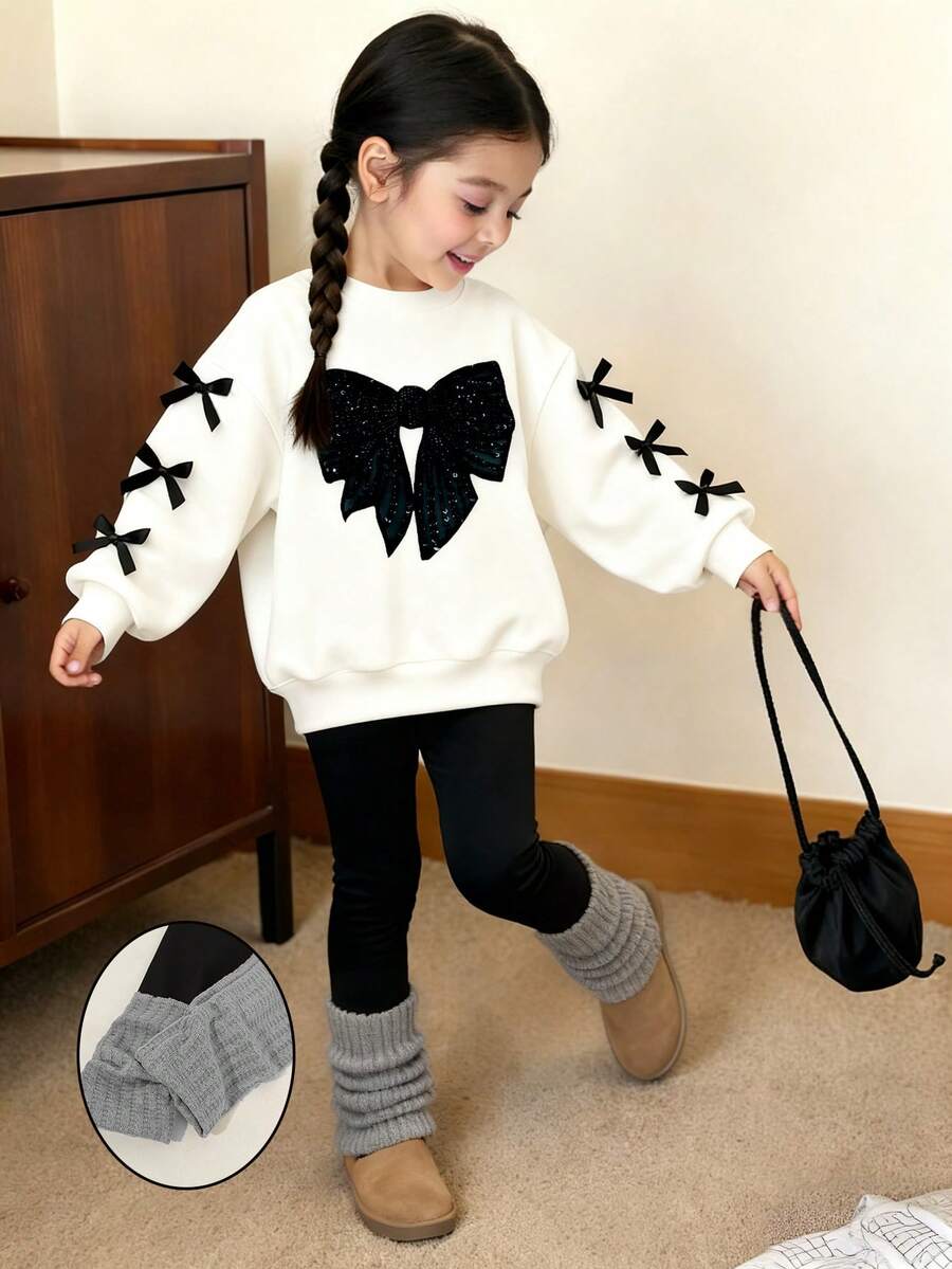 2件套女童休闲爱心图案长袖上衣和黑色裤子运动套装 - 彩色 - 查看 1