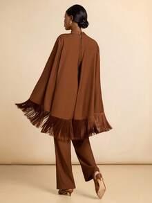 Vesra Women's Poncho Cloak Style Front & Middle Metal Tassel Jumpsuit - Brown - View 2