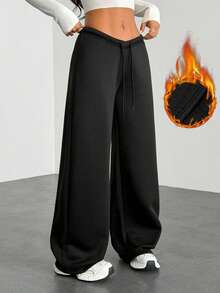 SHEIN PETITE Quần nỉ ống đứng đơn giản buộc dây phía trước màu trơn dành cho nữ, trang phục thường ngày mặc khi tốt nghiệp, trở lại trường, tốt nghiệp, trang phục giáo viên dành cho nữ, trở lại trường - màu đen - Xem 4