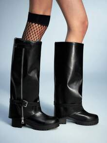 Sugerpunk Sepatu Bot Setinggi Lutut Wanita Sol Tebal Warna Polos Kasual untuk Natal - Hitam - View 4