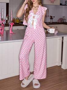 SweetSlumber 甜美心形格子蝴蝶结装饰女士睡衣套装 - 彩色 - 查看 3