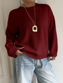 POPSWAY 大码女式纯色圆领长袖休闲舒适高弹针织套头毛衣，适合日常通勤、室内外穿着，是万圣节和圣诞节的完美节日礼物。舒适休闲，大码酒红色常规下摆纯色针织套头毛衣，罗纹针织细节，圆领休闲风格。 - 酒紅色 - 查看 5