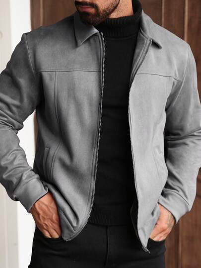 Manfinity CasualCool Men's Solid Color Minimalist Everyday Long Sleeve Suede Fleece Jacket Jackets For Men Long Sleeve Men Zip Up Shirt Grey Jacket Jackets Casual, For Winter