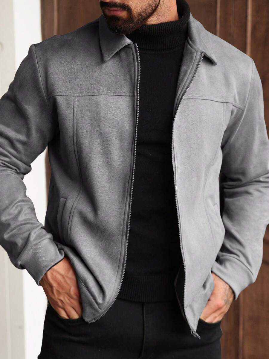 Manfinity CasualCool Men's Solid Color Minimalist Everyday Long Sleeve Suede Fleece Jacket Jackets For Men Long Sleeve Men Zip Up Shirt Grey Jacket Jackets Casual, For Winter - Grey - View 1