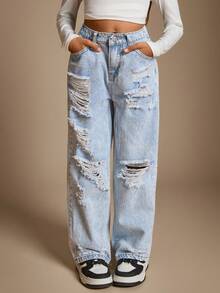Radiana Tween Girls Fashion Casual Y2k Vintage Cool Comfortable Cut Out Ripped Frayed Design Blue Loose Jeans For Tween Girl Clothes Girls Costume Dailywear And Tween Girl Fall And Autumn Or Winter Clothes Back To School Homecoming Rave Outfits Festival And Beach Outfits Streetwear School Clothes Teen Girl Jean Outfit Wide Leg Jeans - Blue - View 5