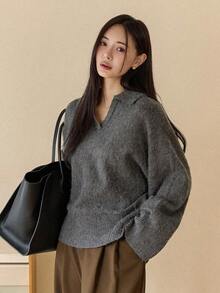 Dazy-Less 女士休闲V领宽松纯色套头毛衣，适合日常穿着，秋冬季百搭 - 灰色 - 查看 3