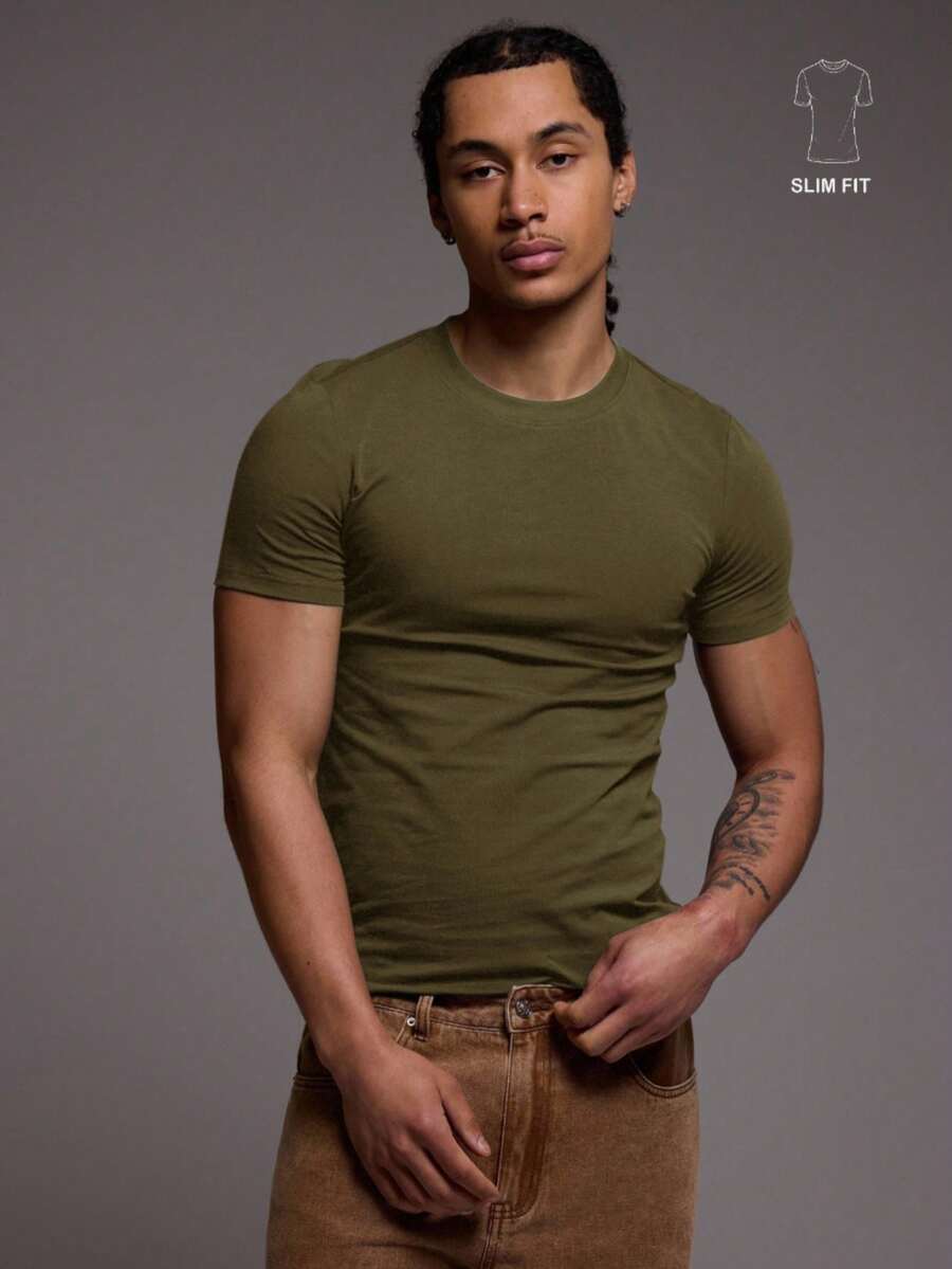 Musero Men Slim Fit Short Sleeve Crew Neck Basic Plain T-Shirt Essentials All Year Round Capsule - Army Green - View 1
