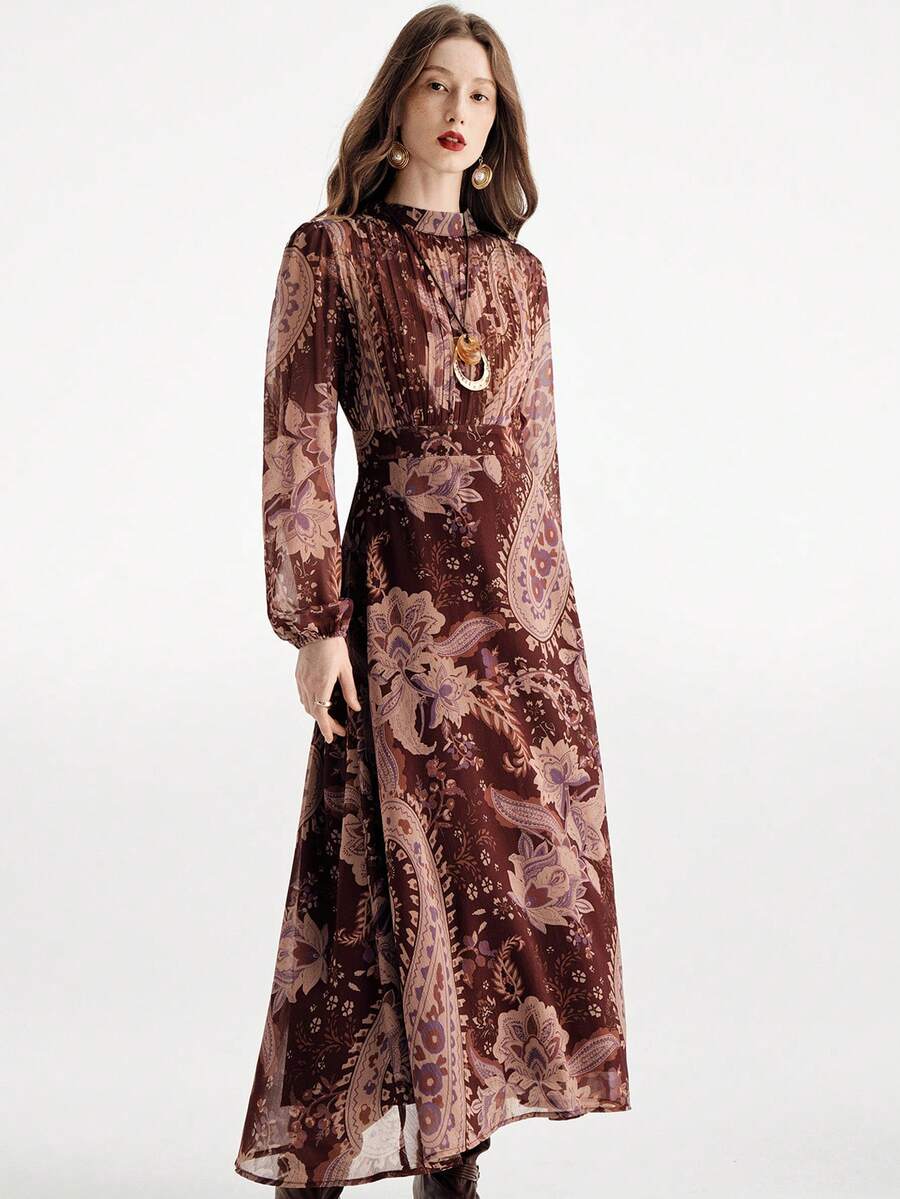 Aveloria Modichic Vestido de gasa con cuello Mao elegante y retro, diseño de busto fruncido, manga larga - Multicolor - Ver 1