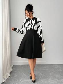 Elenzga 大码女式时尚百搭法式复古奢华优雅通勤休闲日常晚会派对度假条纹纽扣长袖连衣裙（Kooky Elegance 系列 - Woe Is Me Vibes - Wednesday Aesthetic） - 彩色 - 查看 6