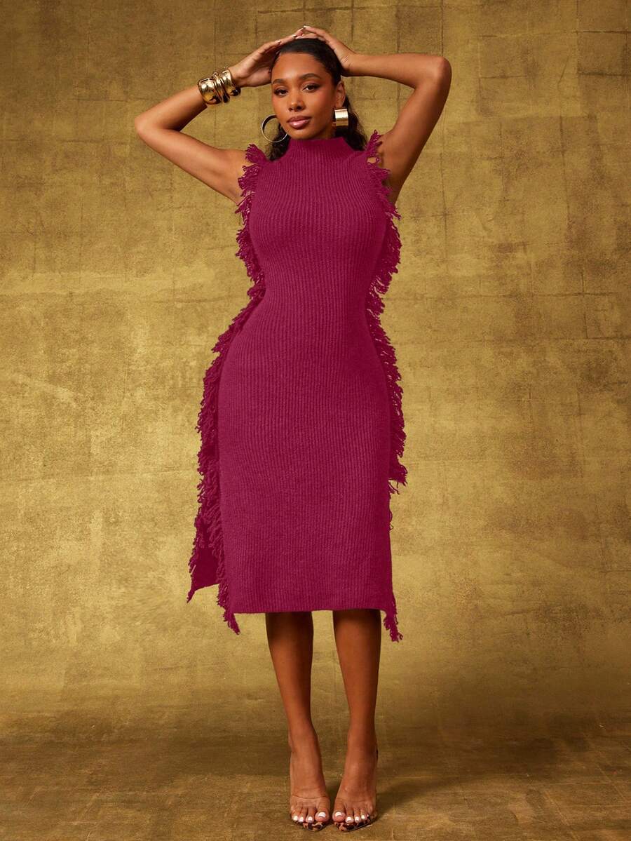 Vixey Vestido de suéter midi sin mangas con cuello alto, detalle de flecos y bajo dividido - Rosa Fucsia - Ver 1