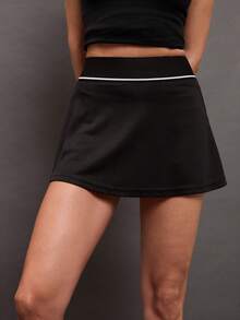 Activina Contrast Binding Breathable Softness Sports Skort Tennis Skirt - Black - View 3