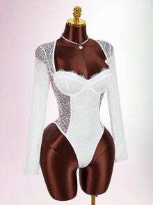 Amplova Women's Retro Elegant Sweetheart Neck Sheer Lace Bustier Bodysuit White Sexy Top Lace Undershirt Long Sleeve Sexy Bodysuit Lace Bodysuit White Lace Bodysuit Lace Long Sleeve Bodysuit Bodysuit For Women Vacation Outfits Women Y2K Valentine's Day