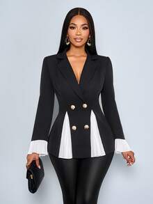 SOLERSUN Women's Elegant 2 In 1 Black Waist-Cinching Long Sleeve Metal Decorated Pleated Ruffle Suit Blazer ,Ruched Waist 3D Cut Peplum Hem Fitted Long Sleeve Blazer, Black Fall Cloth For Women,New Years Women, Business Casual Woman, Office Wear Women, Black Elegant, Fall/Winter - Black and White - View 4