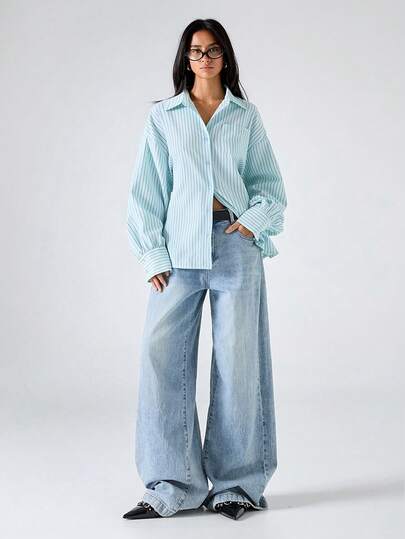 LYSMO Women's Casual Striped Print Loose Fit Tie Back Blouse, Suitable For Work, Commute And Daily Wear, Spring/Autumn