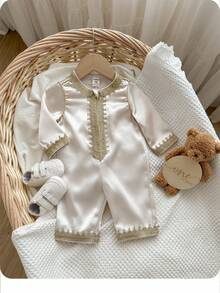 传统编织面料圆领长袖连体裤，带裤子，百搭休闲装，适合男婴和女婴