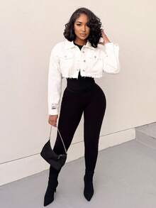 Alexandranx 前扣式有領長袖短牛仔外套，休閒日常穿著 - 白色 - 查看 1