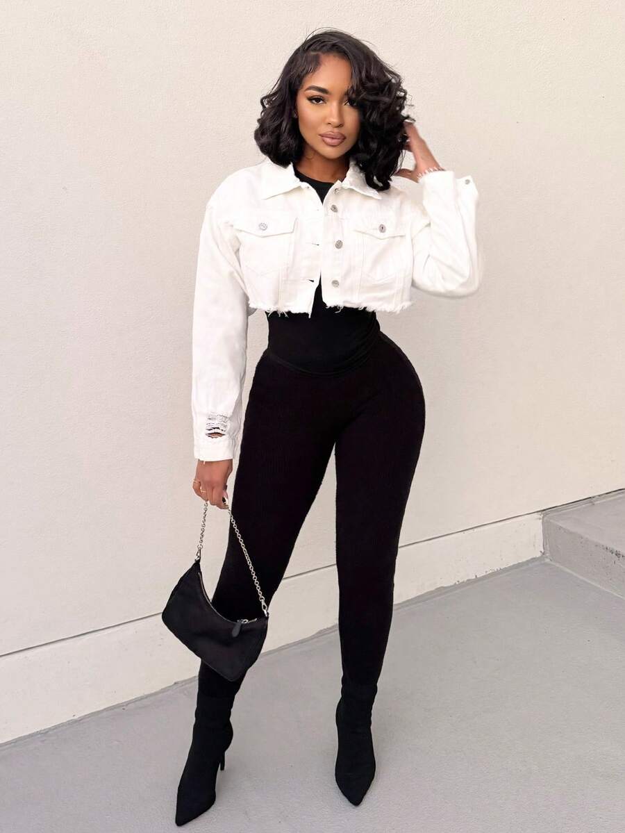 Alexandranx 前扣式有領長袖短牛仔外套，休閒日常穿著 - 白色 - 查看 1