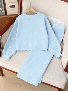 Genkimix Kids 2pcs Tween Girls Sweater Set For Autumn/Winter, Cute & Sweet Cardigan With Heart & Bow Details, Paired With Wide-Leg Pants Girls Sweater Sets Tween Matching Set Knit Kids Sky Blue Outfit Girl Girl S Spring And Autumn Suit Girl Knit Set - Blue - View 2