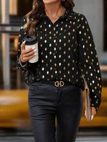 SHEIN Clasi Beige Striped Button-Up Shirt, Elegant Office Wear For Women Winter  Christmas New Year Thanksgiving Graduation Elegant Formal Black - Black - View 8