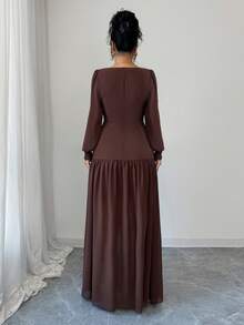 Selianne Elegant chiffongklänning med omlott, v-ringad och rynkad klänning för kvinnor, lång lanternärm, åtsittande midja, lämplig för Halloween, jul, saudiarabisk nationaldag, nyårsfest, cocktailparty, examensceremoni, bröllop, brun - Brun - Visa 2