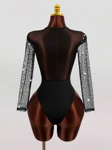Mistrie Women's Fashionable Sexy Rhinestone Mesh Black Bodysuit,Glitter Top,Sparkly Bodysuit, Sequin Bodysuit Valentines Day Outfit,Wedding Party Outfit, Wedding Guest Outfit,Birthday Outfits,Summer Holiday Outfits,Y2k Clothes - Black - View 2