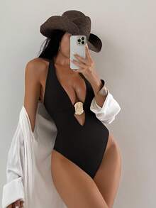 Swim SXY 女士夏季纯色深V领金属装饰性感连体泳衣 - 黑色 - 查看 5