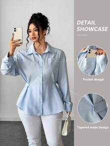 Elenzga Plus Size Women Elegant Solid Color Waist Cinched Long Sleeve Shirt, Versatile For Commuting And Outings