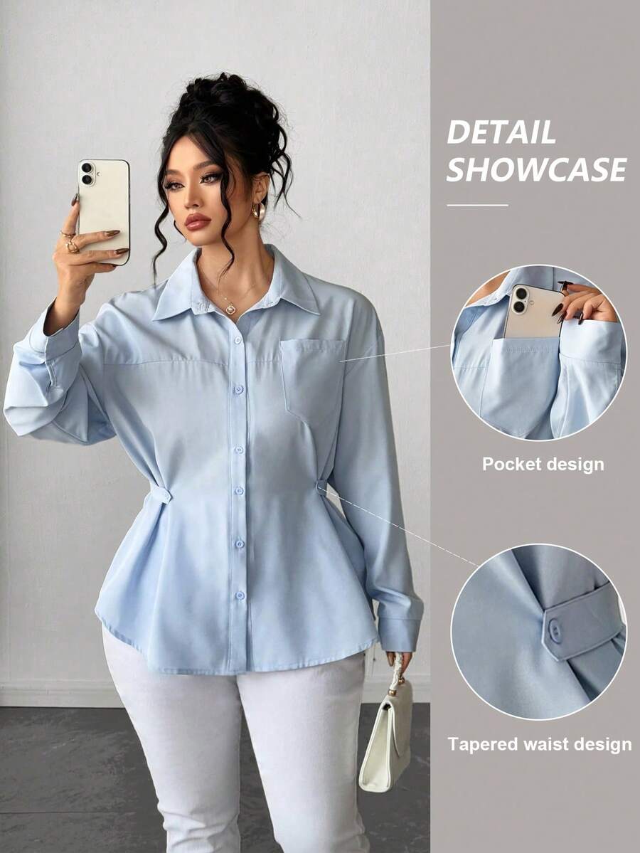 Elenzga Plus Size Women Elegant Solid Color Waist Cinched Long Sleeve Shirt, Versatile For Commuting And Outings