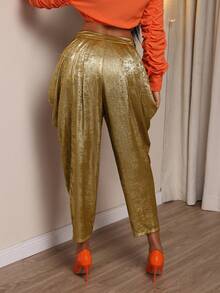 Xyvia 女士金属面料夸张宽松褶皱垂坠设计高端优雅锥形裤 - 金色 - 查看 2