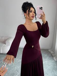 Rafferiza 女士时尚 25+ 方领优雅收腰连衣裙，配有奢华金属扣装饰，网眼拼接提花面料，长灯笼袖，适合日常穿着、约会、聚会，法式优雅新款深酒红色 - 酒紅色 - 查看 7