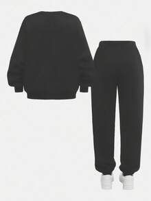 SHEIN Leap Crew 2件套少女休闲简约时尚蝴蝶结印花圆领长袖加厚卫衣裤套装，适合秋冬季穿着 - 深灰色 - 查看 4