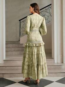 Anewsta 法式褶皱V领泡泡袖优雅修身连衣裙长款女装 - 橄欖綠 - 查看 3