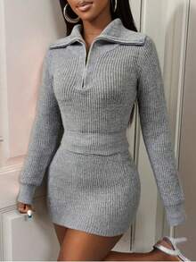 BamGleam Women's Two-Piece Sweater Set,Gray Knit Long-Sleeved Collared Half-Zip Sweater & Pencil Skirt,Elegant Slim Fit Casual Everyday Autumn Outfit - Grey - View 5