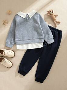 Souflis Souflis 2pcs/Set Young BoyRetro 2025 Autumn/Winter Thickened Light Gray Sweatshirt & Navy Casual Sweatpants Suit - Multicolor - View 4