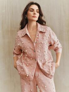 Anewsta Fashionable & Elegant Rhinestone Embellished Long Denim Shirt Blouse, Suitable For Valentine's Day Party, Spring/Autumn