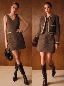 MOTF PREMIUM 优雅粗花呢无袖V领短款连衣裙 - 咖啡 - 查看 8