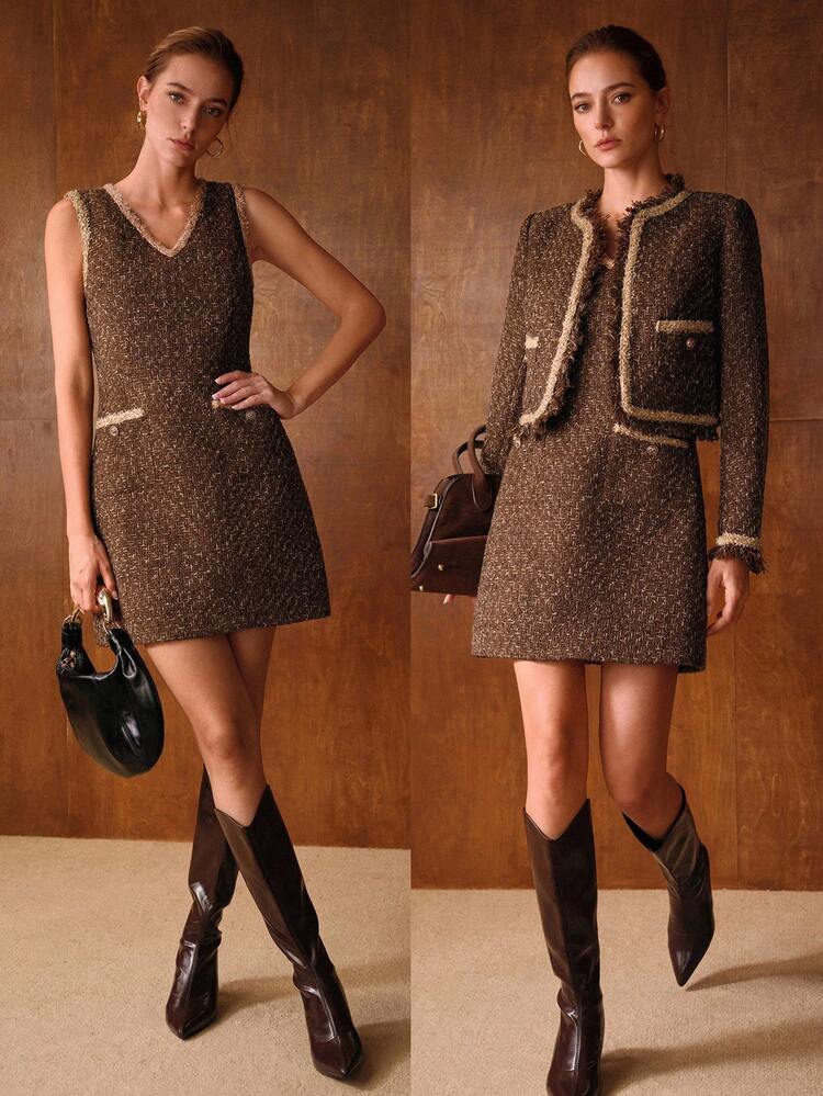 TWEED ELEGANT SLEEVELESS V-NECK SHORT DRESS